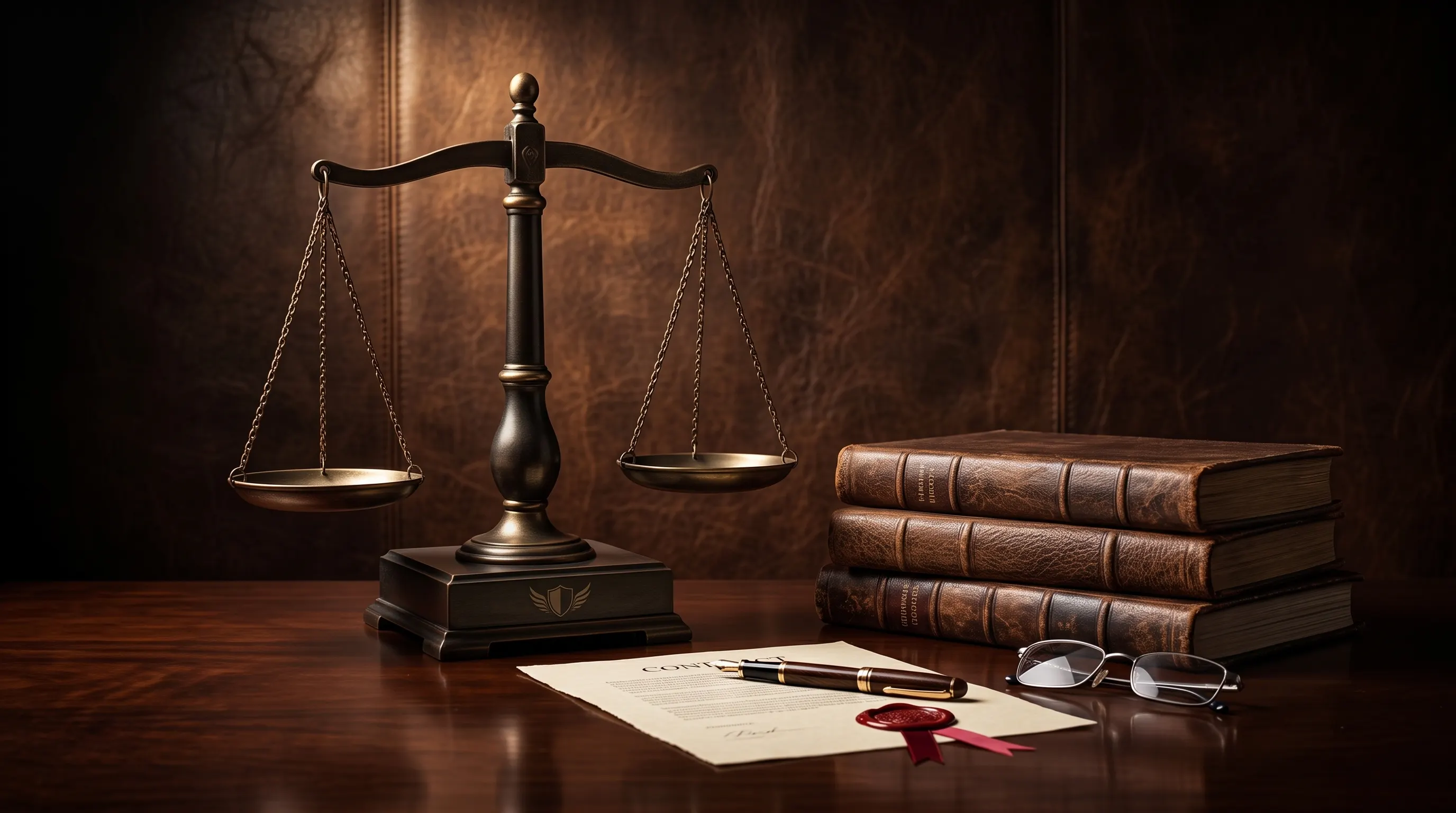Balança da justiça e livros sobre uma mesa de madeira