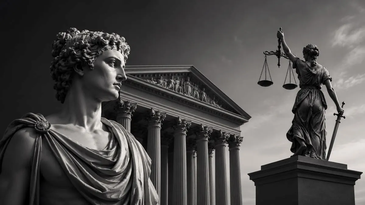 Estátua da justiça segurando a balança diante de um tribunal